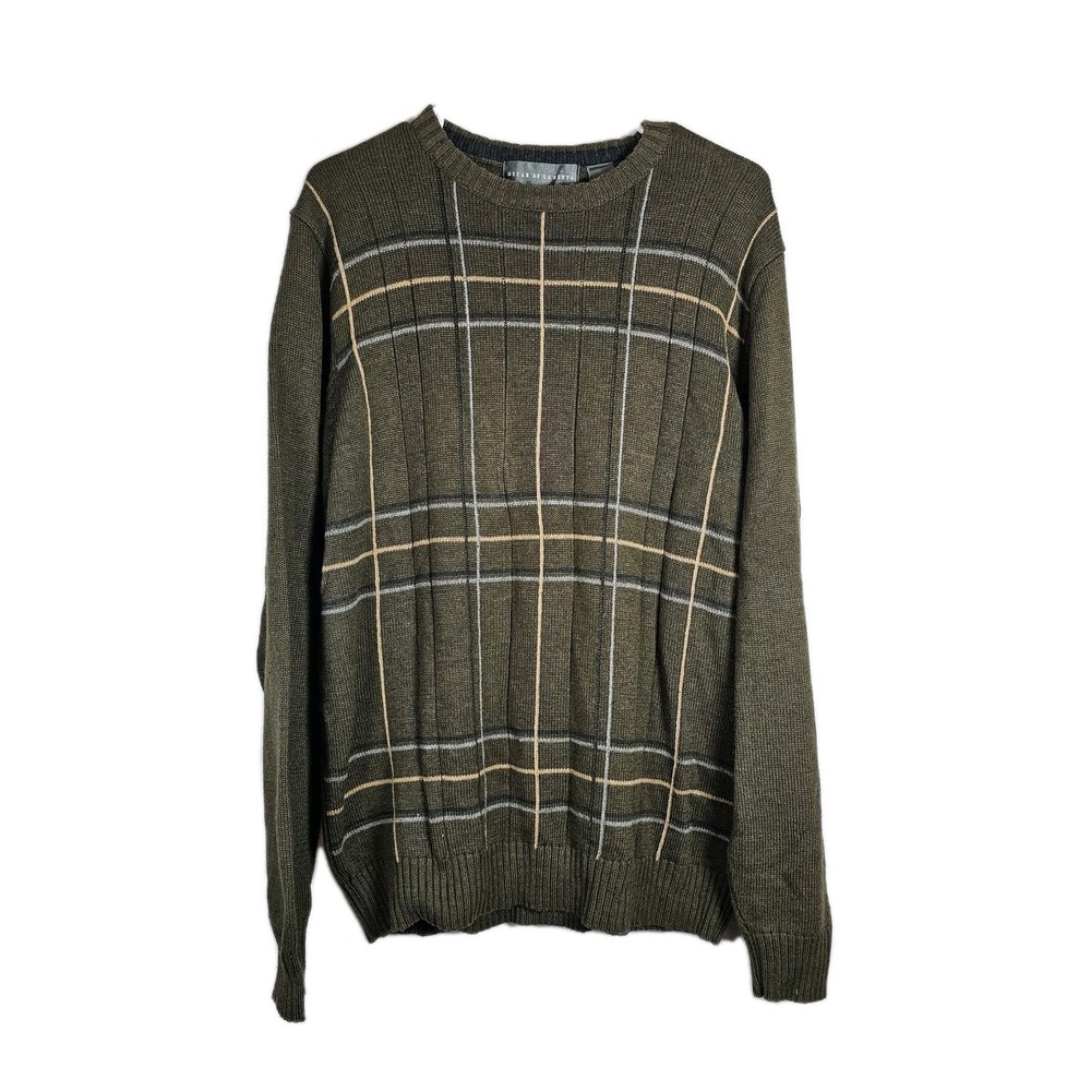 Oscar de la Renta Sweater Mens Large Green Plaid Pullover Grandpa Cotton Blend